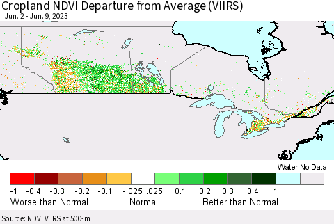 Canada Cropland NDVI Departure from Average (VIIRS) Thematic Map For 6/2/2023 - 6/9/2023