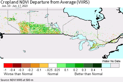 Canada Cropland NDVI Departure from Average (VIIRS) Thematic Map For 6/10/2023 - 6/17/2023