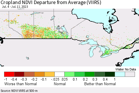 Canada Cropland NDVI Departure from Average (VIIRS) Thematic Map For 7/4/2023 - 7/11/2023