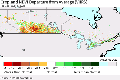 Canada Cropland NDVI Departure from Average (VIIRS) Thematic Map For 7/28/2023 - 8/4/2023