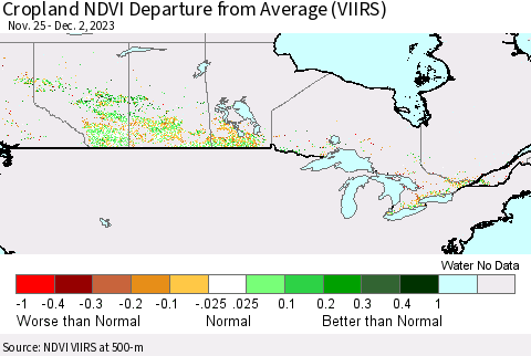 Canada Cropland NDVI Departure from Average (VIIRS) Thematic Map For 11/25/2023 - 12/2/2023