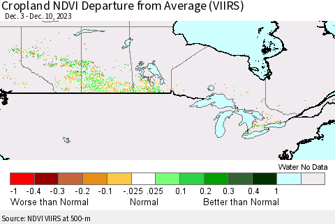 Canada Cropland NDVI Departure from Average (VIIRS) Thematic Map For 12/3/2023 - 12/10/2023