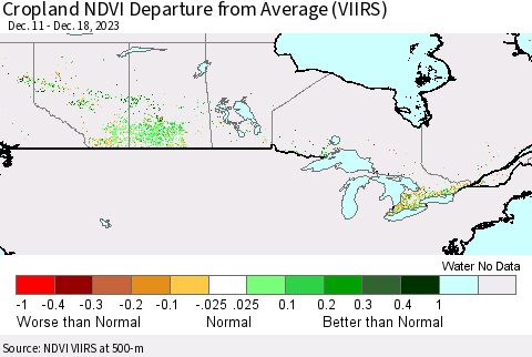 Canada Cropland NDVI Departure from Average (VIIRS) Thematic Map For 12/11/2023 - 12/18/2023