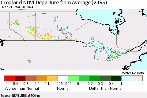 Canada Cropland NDVI Departure from Average (VIIRS) Thematic Map For 3/21/2024 - 3/28/2024
