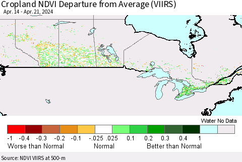 Canada Cropland NDVI Departure from Average (VIIRS) Thematic Map For 4/14/2024 - 4/21/2024