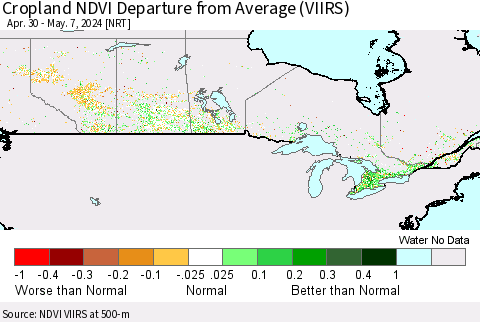 Canada Cropland NDVI Departure from Average (VIIRS) Thematic Map For 4/30/2024 - 5/7/2024