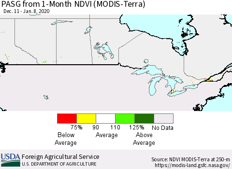 Canada PASG from 1-Month NDVI (Terra-MODIS) Thematic Map For 1/1/2020 - 1/10/2020