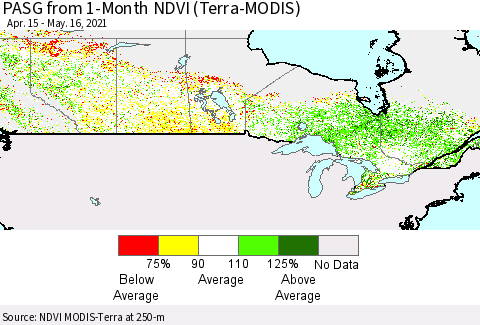 Canada PASG from 1-Month NDVI (Terra-MODIS) Thematic Map For 5/9/2021 - 5/16/2021