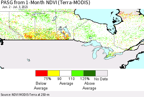 Canada PASG from 1-Month NDVI (Terra-MODIS) Thematic Map For 6/26/2021 - 7/3/2021