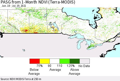 Canada PASG from 1-Month NDVI (Terra-MODIS) Thematic Map For 7/12/2021 - 7/19/2021