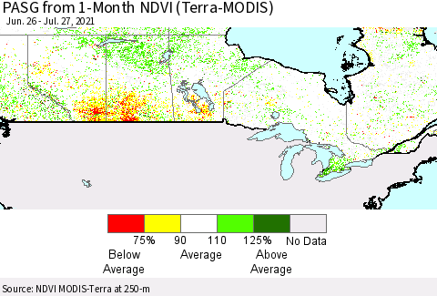 Canada PASG from 1-Month NDVI (Terra-MODIS) Thematic Map For 7/20/2021 - 7/27/2021