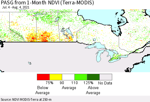 Canada PASG from 1-Month NDVI (Terra-MODIS) Thematic Map For 7/28/2021 - 8/4/2021