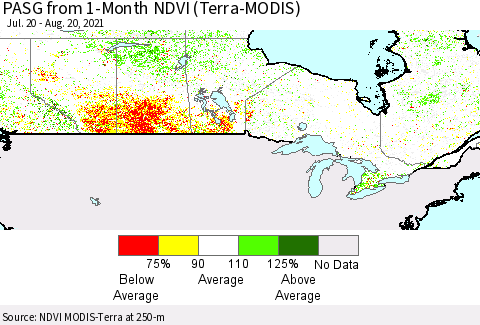 Canada PASG from 1-Month NDVI (Terra-MODIS) Thematic Map For 8/13/2021 - 8/20/2021