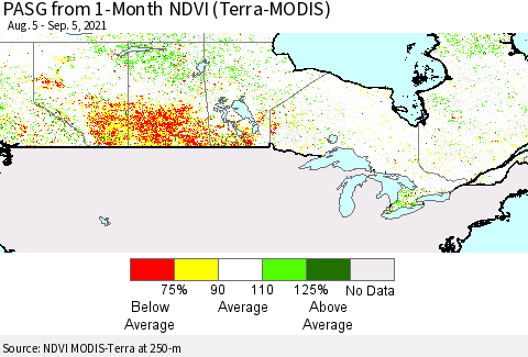 Canada PASG from 1-Month NDVI (Terra-MODIS) Thematic Map For 8/29/2021 - 9/5/2021
