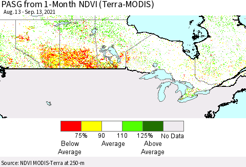 Canada PASG from 1-Month NDVI (Terra-MODIS) Thematic Map For 9/6/2021 - 9/13/2021
