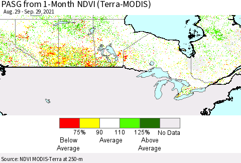 Canada PASG from 1-Month NDVI (Terra-MODIS) Thematic Map For 9/22/2021 - 9/29/2021