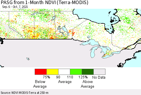 Canada PASG from 1-Month NDVI (Terra-MODIS) Thematic Map For 9/30/2021 - 10/7/2021
