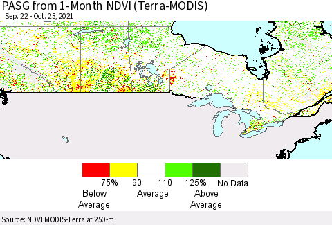 Canada PASG from 1-Month NDVI (Terra-MODIS) Thematic Map For 10/16/2021 - 10/23/2021