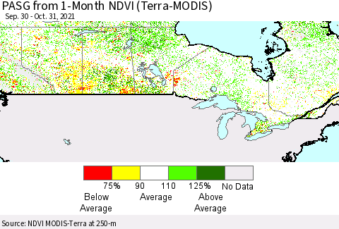 Canada PASG from 1-Month NDVI (Terra-MODIS) Thematic Map For 10/24/2021 - 10/31/2021