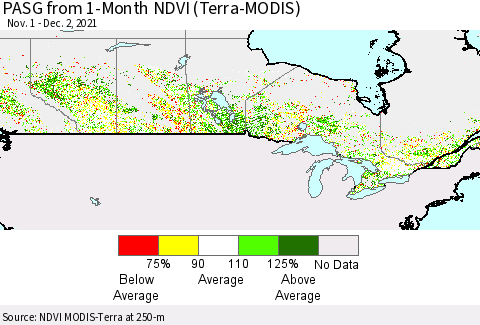 Canada PASG from 1-Month NDVI (Terra-MODIS) Thematic Map For 11/25/2021 - 12/2/2021