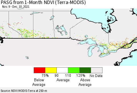 Canada PASG from 1-Month NDVI (Terra-MODIS) Thematic Map For 12/3/2021 - 12/10/2021