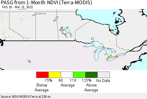 Canada PASG from 1-Month NDVI (Terra-MODIS) Thematic Map For 3/14/2022 - 3/21/2022