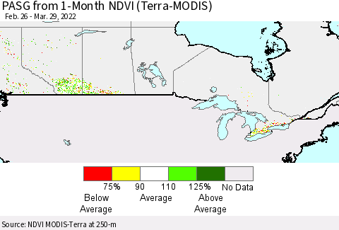 Canada PASG from 1-Month NDVI (Terra-MODIS) Thematic Map For 3/22/2022 - 3/29/2022
