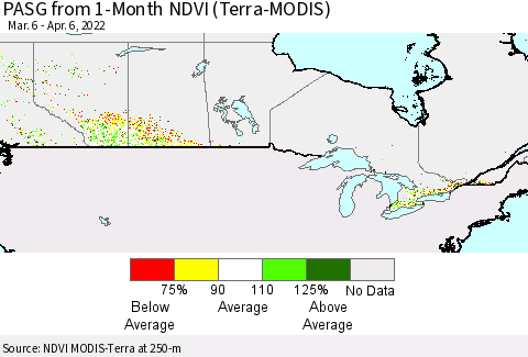 Canada PASG from 1-Month NDVI (Terra-MODIS) Thematic Map For 3/30/2022 - 4/6/2022