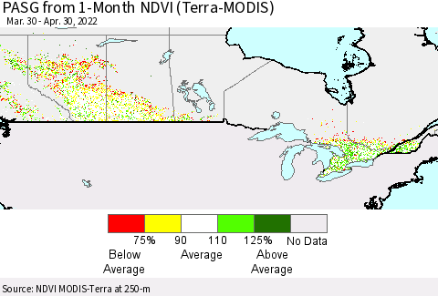 Canada PASG from 1-Month NDVI (Terra-MODIS) Thematic Map For 4/23/2022 - 4/30/2022
