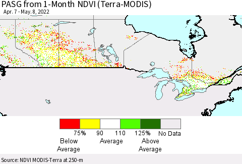 Canada PASG from 1-Month NDVI (Terra-MODIS) Thematic Map For 5/1/2022 - 5/8/2022