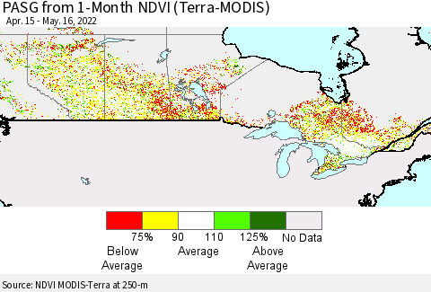 Canada PASG from 1-Month NDVI (Terra-MODIS) Thematic Map For 5/9/2022 - 5/16/2022