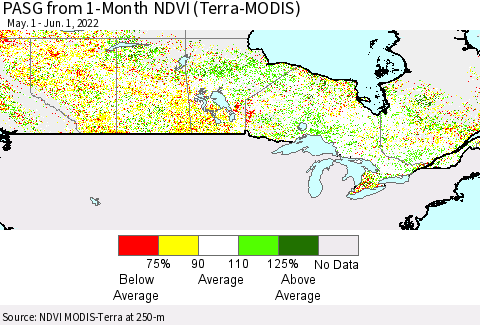 Canada PASG from 1-Month NDVI (Terra-MODIS) Thematic Map For 5/25/2022 - 6/1/2022