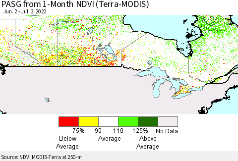 Canada PASG from 1-Month NDVI (Terra-MODIS) Thematic Map For 6/26/2022 - 7/3/2022