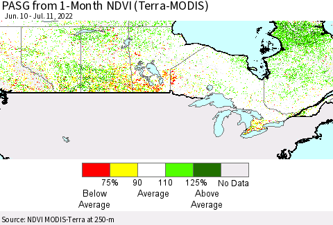 Canada PASG from 1-Month NDVI (Terra-MODIS) Thematic Map For 7/4/2022 - 7/11/2022