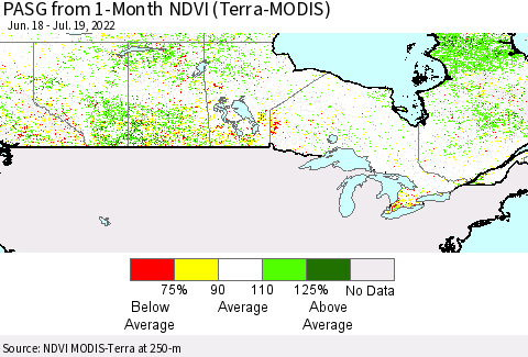 Canada PASG from 1-Month NDVI (Terra-MODIS) Thematic Map For 7/12/2022 - 7/19/2022