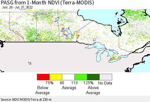 Canada PASG from 1-Month NDVI (Terra-MODIS) Thematic Map For 7/20/2022 - 7/27/2022