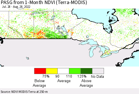 Canada PASG from 1-Month NDVI (Terra-MODIS) Thematic Map For 8/21/2022 - 8/28/2022
