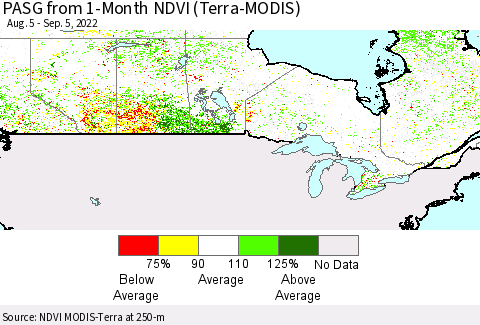 Canada PASG from 1-Month NDVI (Terra-MODIS) Thematic Map For 8/29/2022 - 9/5/2022