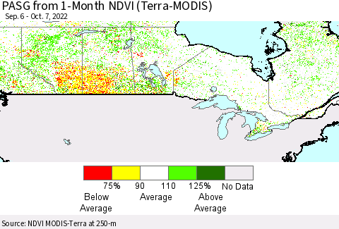 Canada PASG from 1-Month NDVI (Terra-MODIS) Thematic Map For 9/30/2022 - 10/7/2022