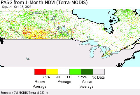 Canada PASG from 1-Month NDVI (Terra-MODIS) Thematic Map For 10/8/2022 - 10/15/2022