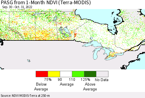 Canada PASG from 1-Month NDVI (Terra-MODIS) Thematic Map For 10/24/2022 - 10/31/2022