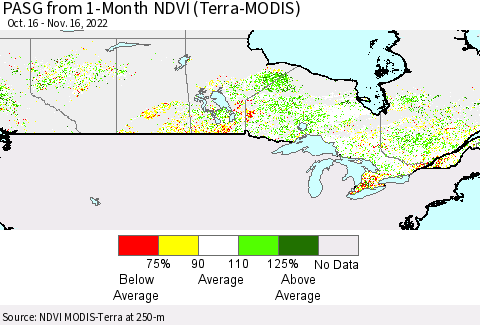 Canada PASG from 1-Month NDVI (Terra-MODIS) Thematic Map For 11/9/2022 - 11/16/2022