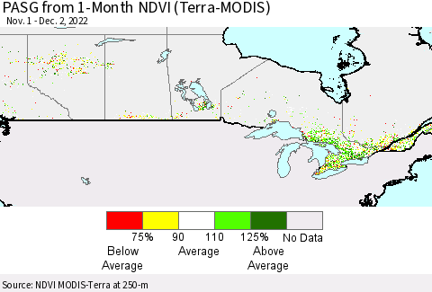 Canada PASG from 1-Month NDVI (Terra-MODIS) Thematic Map For 11/25/2022 - 12/2/2022