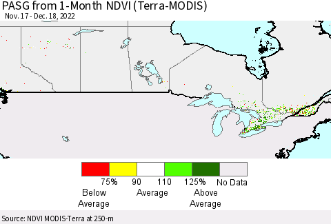 Canada PASG from 1-Month NDVI (Terra-MODIS) Thematic Map For 12/11/2022 - 12/18/2022