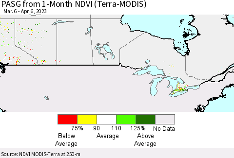 Canada PASG from 1-Month NDVI (Terra-MODIS) Thematic Map For 3/30/2023 - 4/6/2023