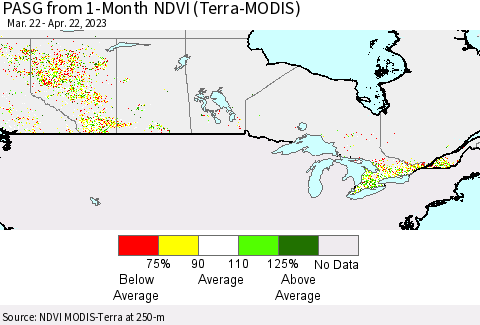 Canada PASG from 1-Month NDVI (Terra-MODIS) Thematic Map For 4/15/2023 - 4/22/2023