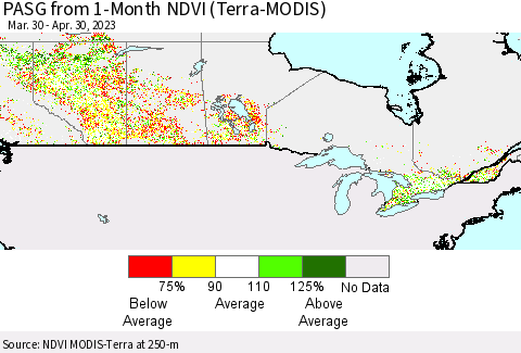 Canada PASG from 1-Month NDVI (Terra-MODIS) Thematic Map For 4/23/2023 - 4/30/2023