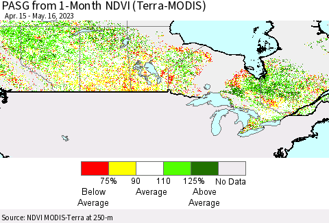Canada PASG from 1-Month NDVI (Terra-MODIS) Thematic Map For 5/9/2023 - 5/16/2023