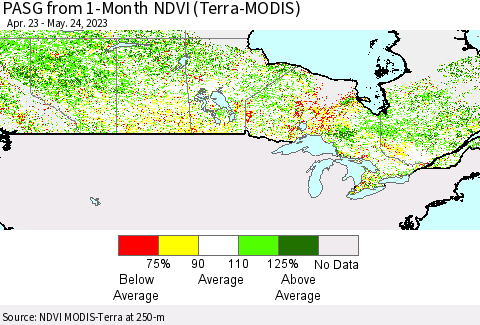Canada PASG from 1-Month NDVI (Terra-MODIS) Thematic Map For 5/17/2023 - 5/24/2023