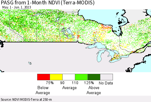 Canada PASG from 1-Month NDVI (Terra-MODIS) Thematic Map For 5/25/2023 - 6/1/2023